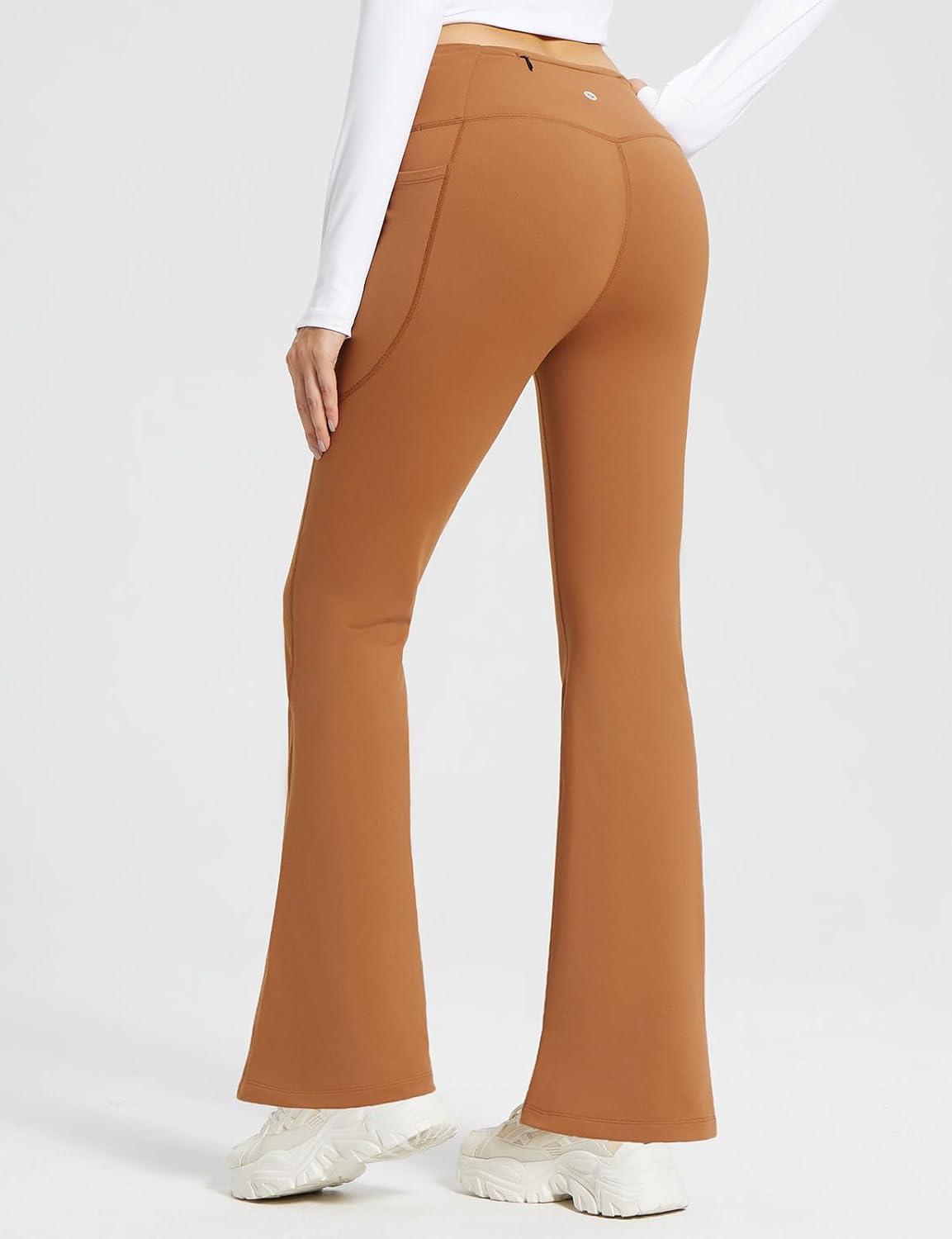 imagebaleaf Womens Fleece Lined Pants Winter Thermal Warm Hiking Yoga Pants with Zipper Pockets Bootcut High Waist Flare LeggingsCaramel