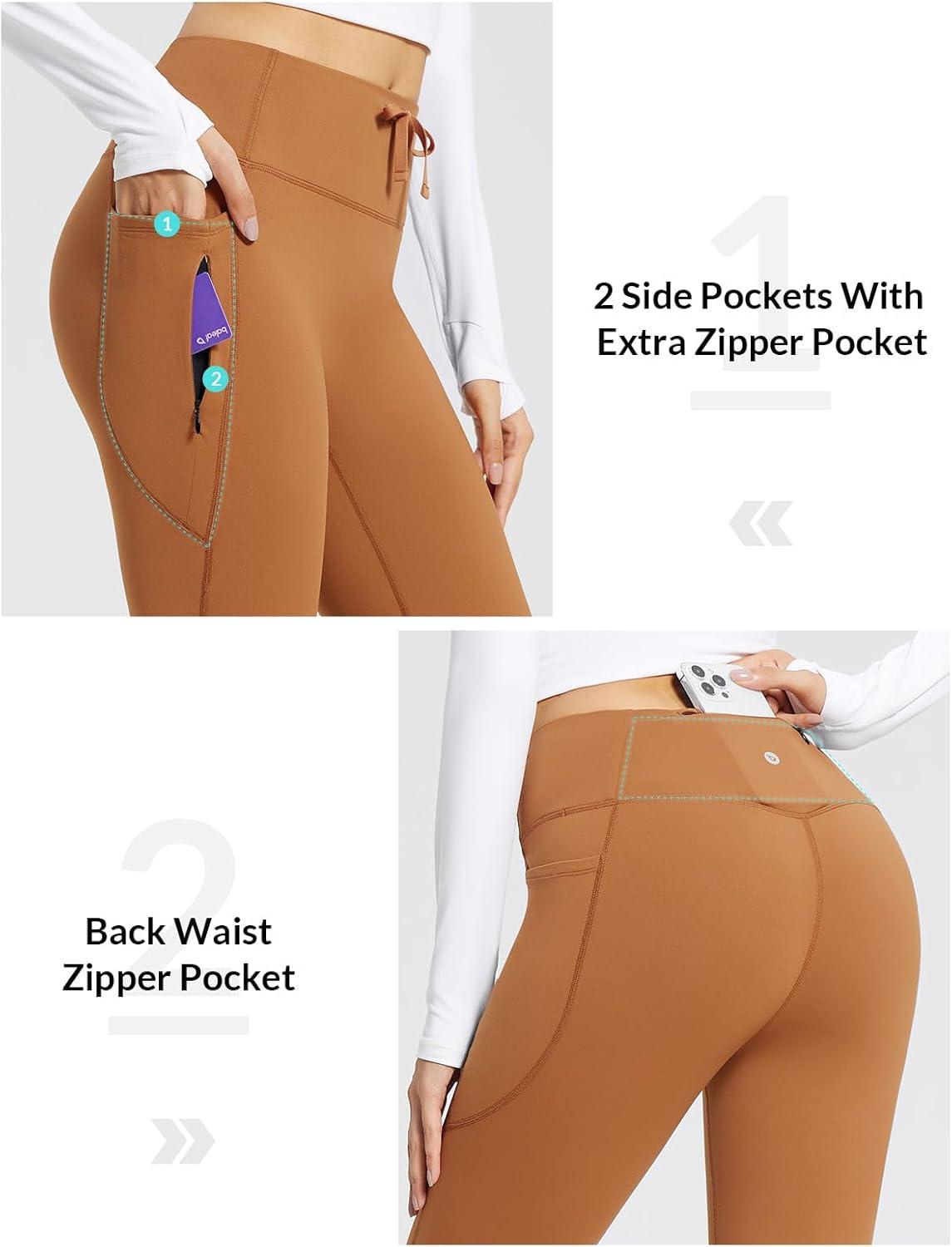 imagebaleaf Womens Fleece Lined Pants Winter Thermal Warm Hiking Yoga Pants with Zipper Pockets Bootcut High Waist Flare LeggingsCaramel