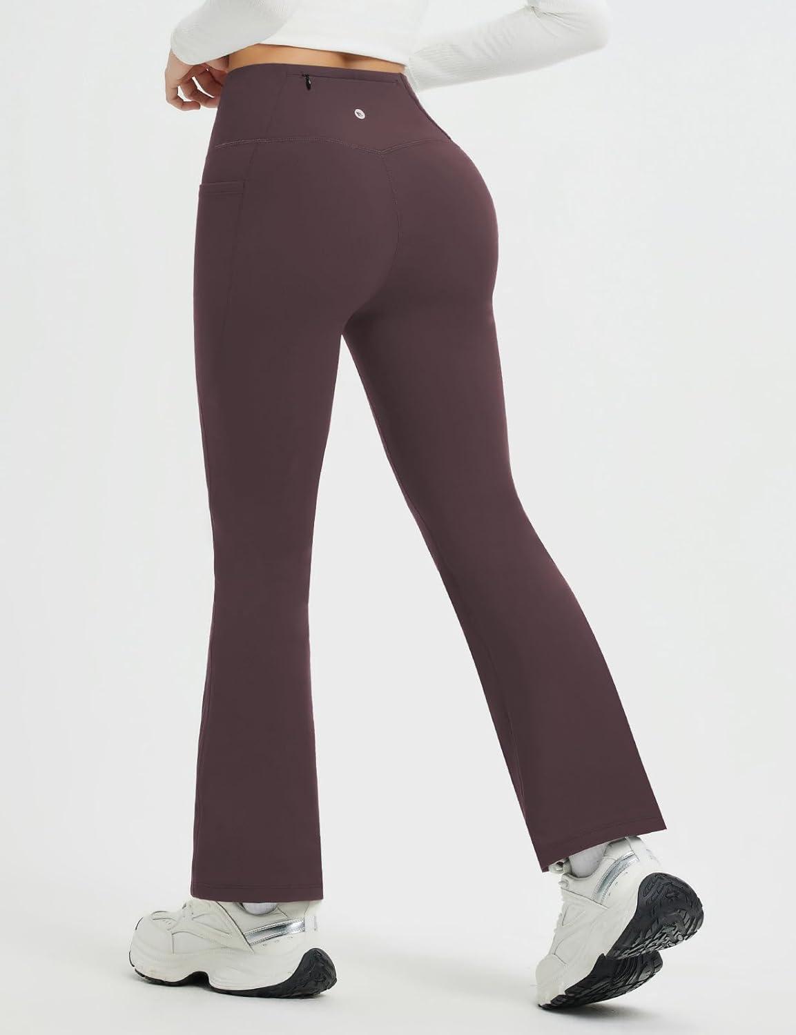 imagebaleaf Womens Fleece Lined Pants Winter Thermal Warm Hiking Yoga Pants with Zipper Pockets Bootcut High Waist Flare LeggingsDark Brown