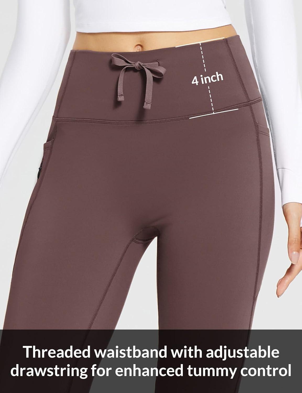 imagebaleaf Womens Fleece Lined Pants Winter Thermal Warm Hiking Yoga Pants with Zipper Pockets Bootcut High Waist Flare LeggingsDark Brown