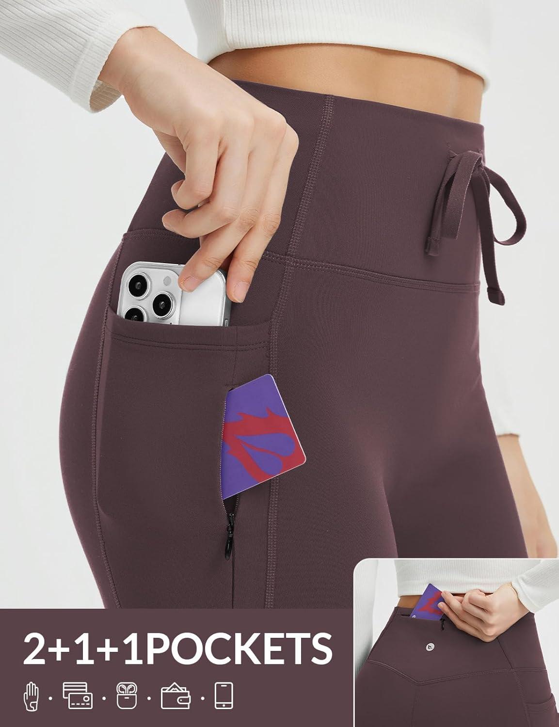 imagebaleaf Womens Fleece Lined Pants Winter Thermal Warm Hiking Yoga Pants with Zipper Pockets Bootcut High Waist Flare LeggingsDark Brown