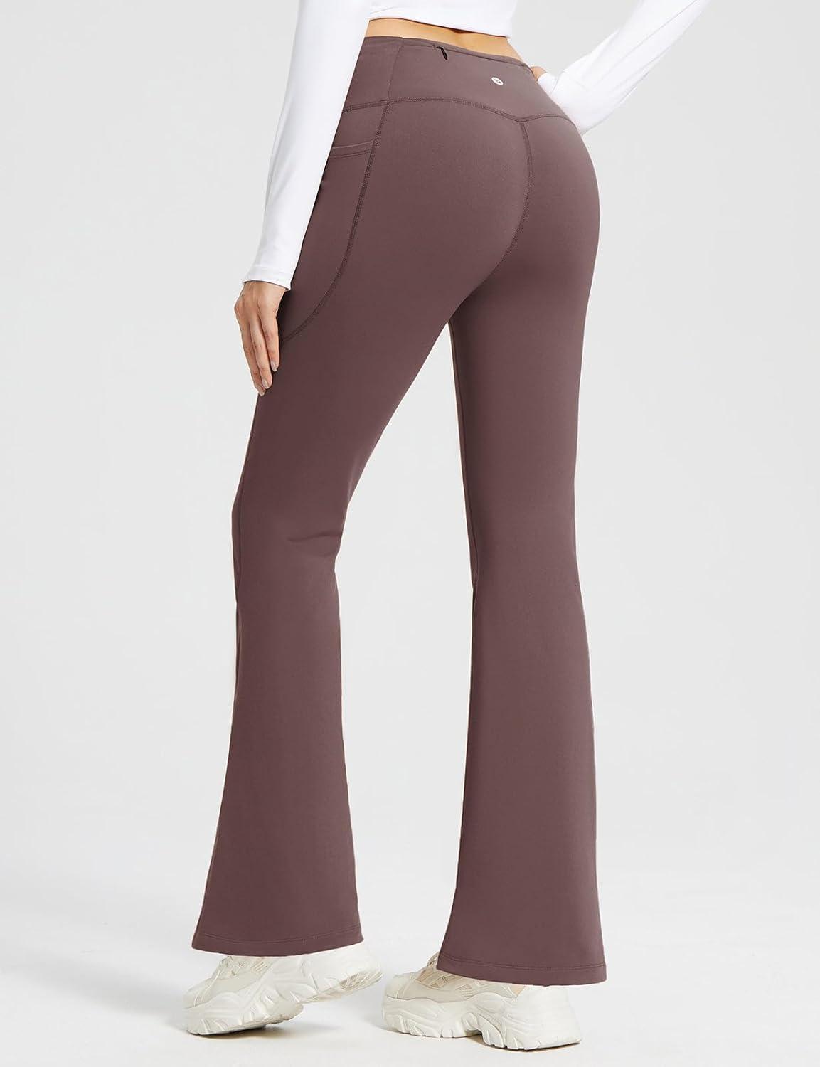 imagebaleaf Womens Fleece Lined Pants Winter Thermal Warm Hiking Yoga Pants with Zipper Pockets Bootcut High Waist Flare LeggingsDark Brown