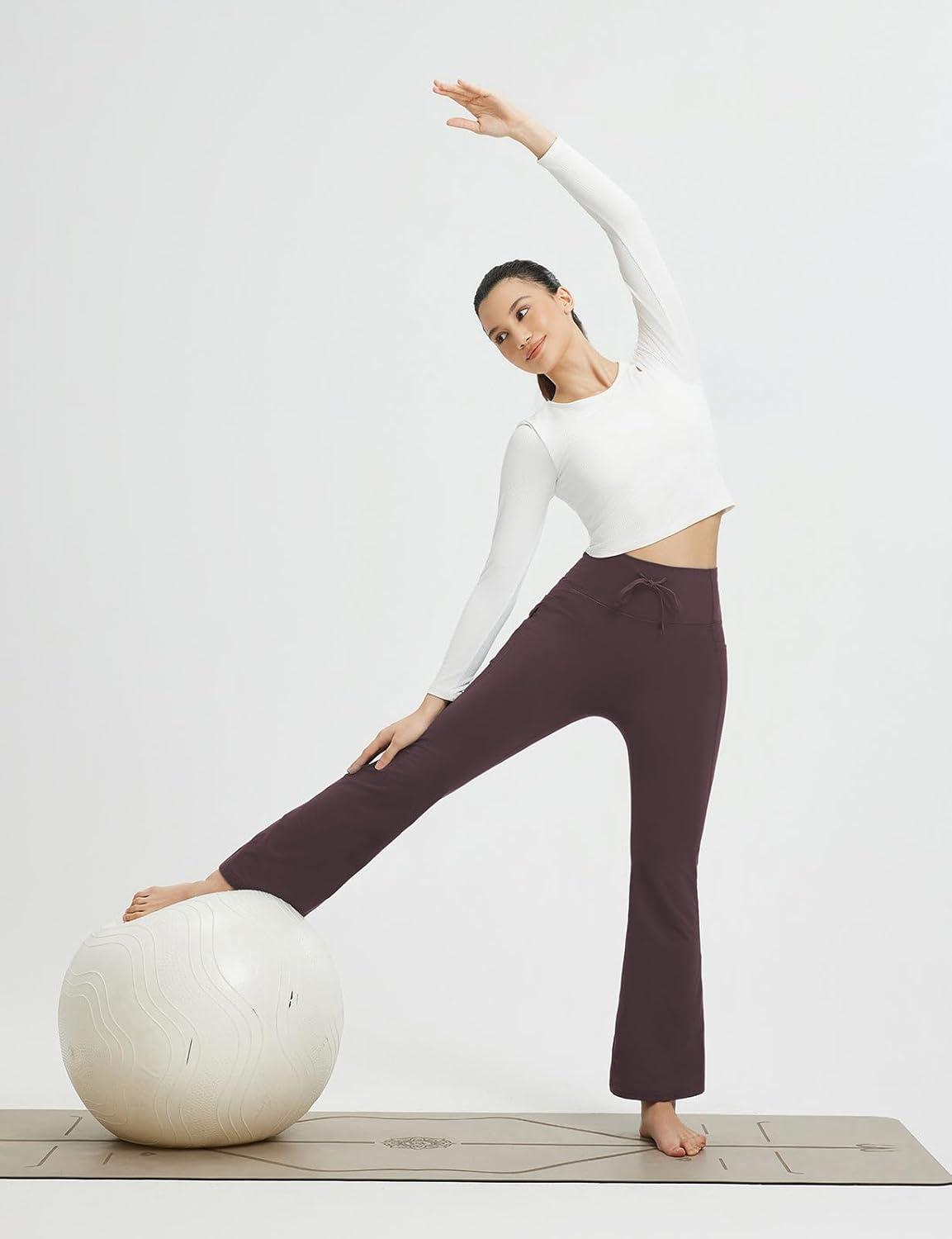 imagebaleaf Womens Fleece Lined Pants Winter Thermal Warm Hiking Yoga Pants with Zipper Pockets Bootcut High Waist Flare LeggingsDark Brown