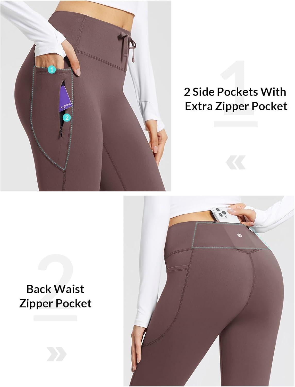 imagebaleaf Womens Fleece Lined Pants Winter Thermal Warm Hiking Yoga Pants with Zipper Pockets Bootcut High Waist Flare LeggingsDark Brown