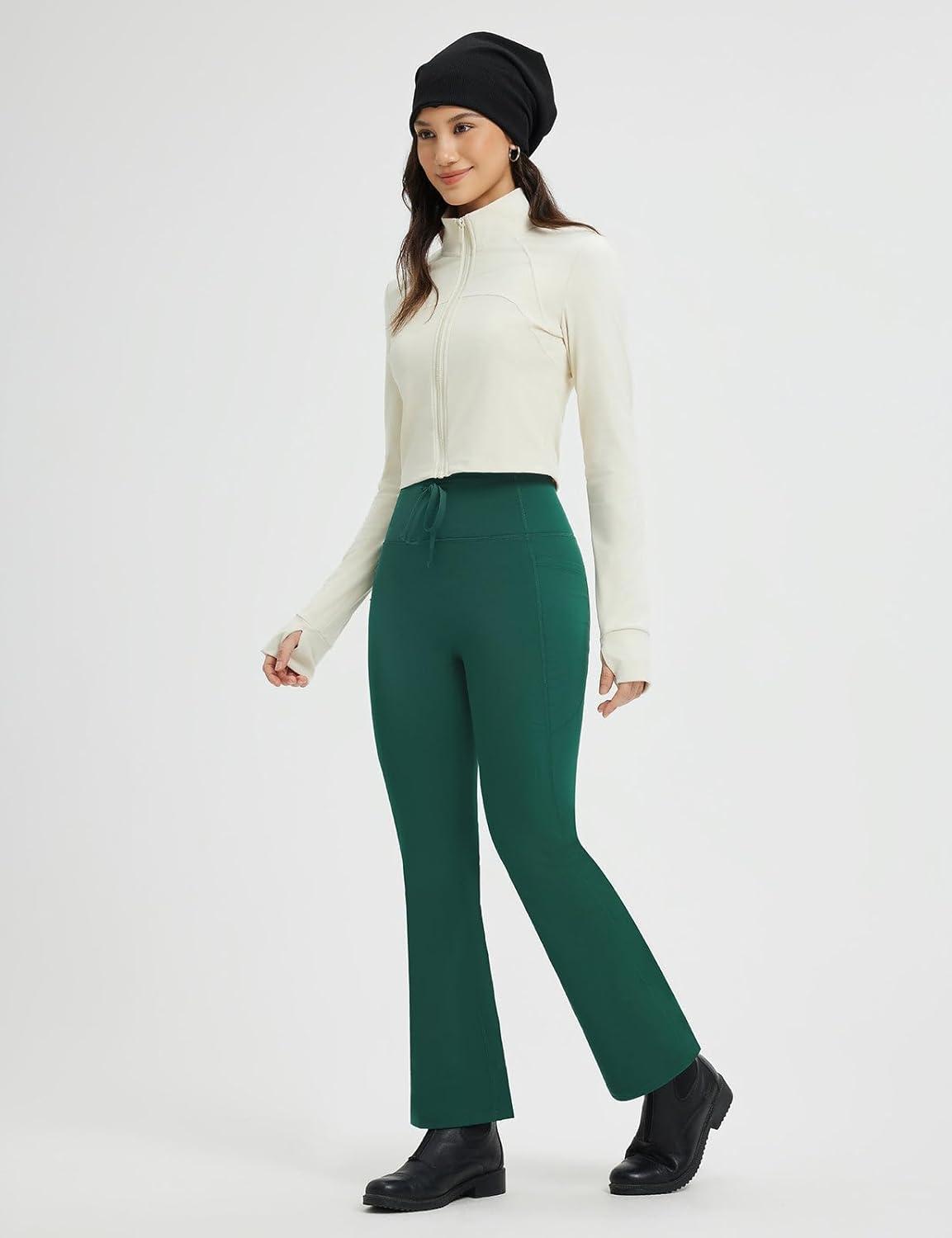imagebaleaf Womens Fleece Lined Pants Winter Thermal Warm Hiking Yoga Pants with Zipper Pockets Bootcut High Waist Flare LeggingsDark Green