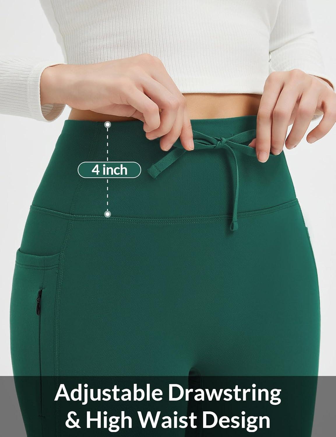 imagebaleaf Womens Fleece Lined Pants Winter Thermal Warm Hiking Yoga Pants with Zipper Pockets Bootcut High Waist Flare LeggingsDark Green