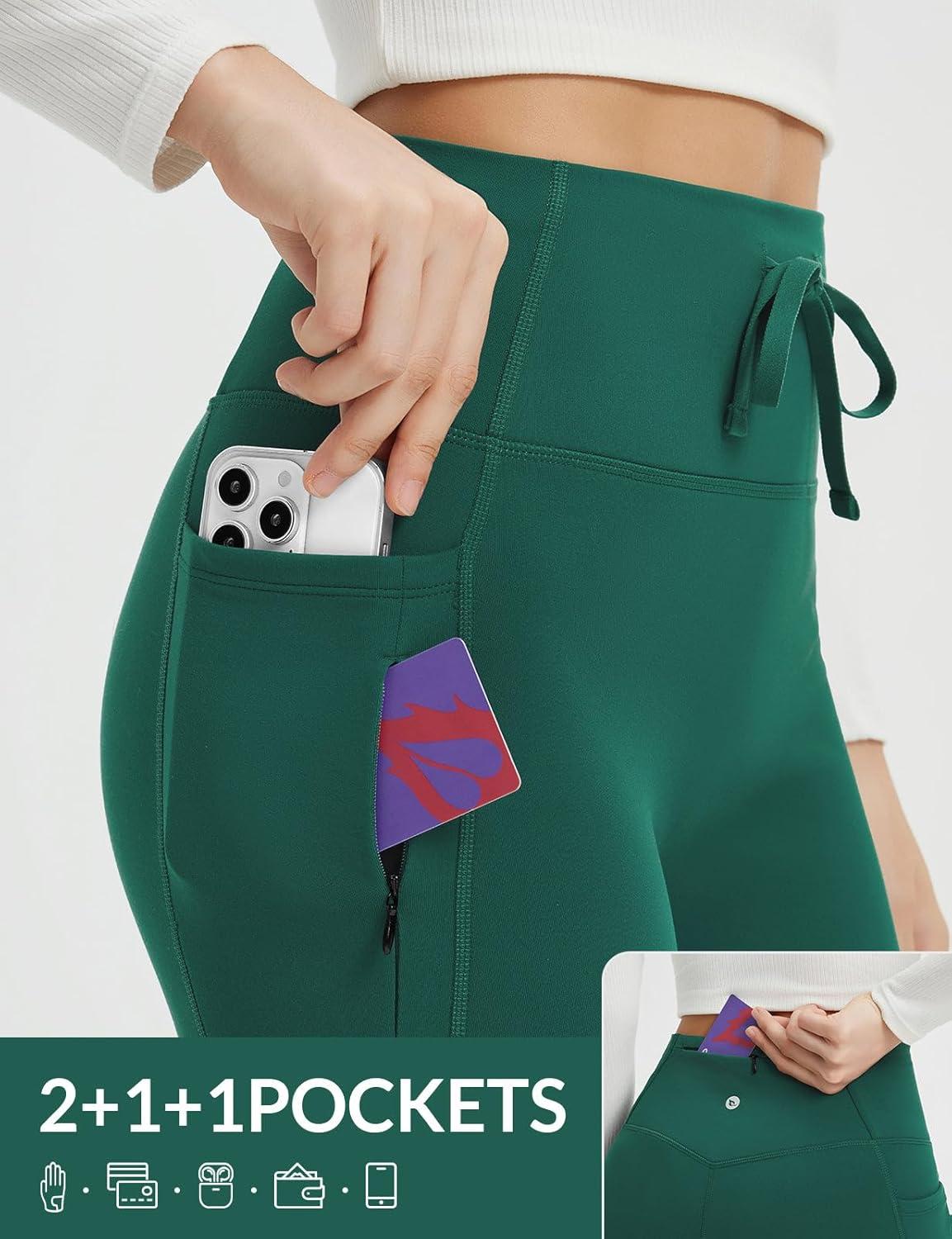 imagebaleaf Womens Fleece Lined Pants Winter Thermal Warm Hiking Yoga Pants with Zipper Pockets Bootcut High Waist Flare LeggingsDark Green