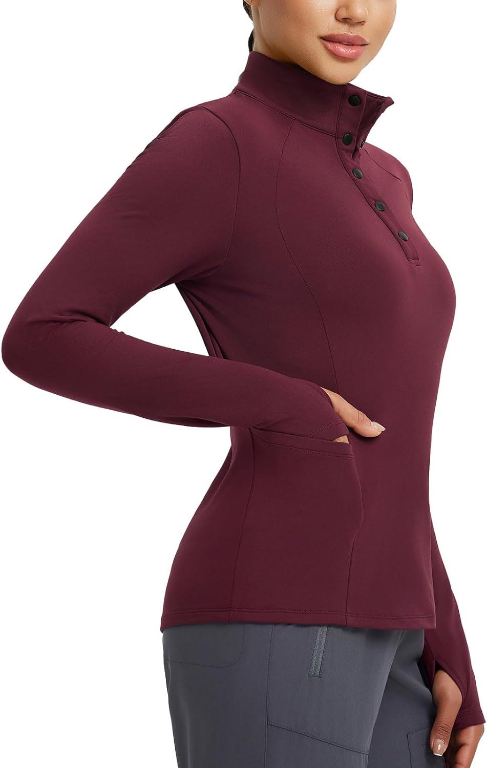 imagebaleaf Womens Fleece Lined Quarter Button Thermal Pullovers Long Sleeve Workout Shirts with Pockets Yoga Travel TopsWine Red