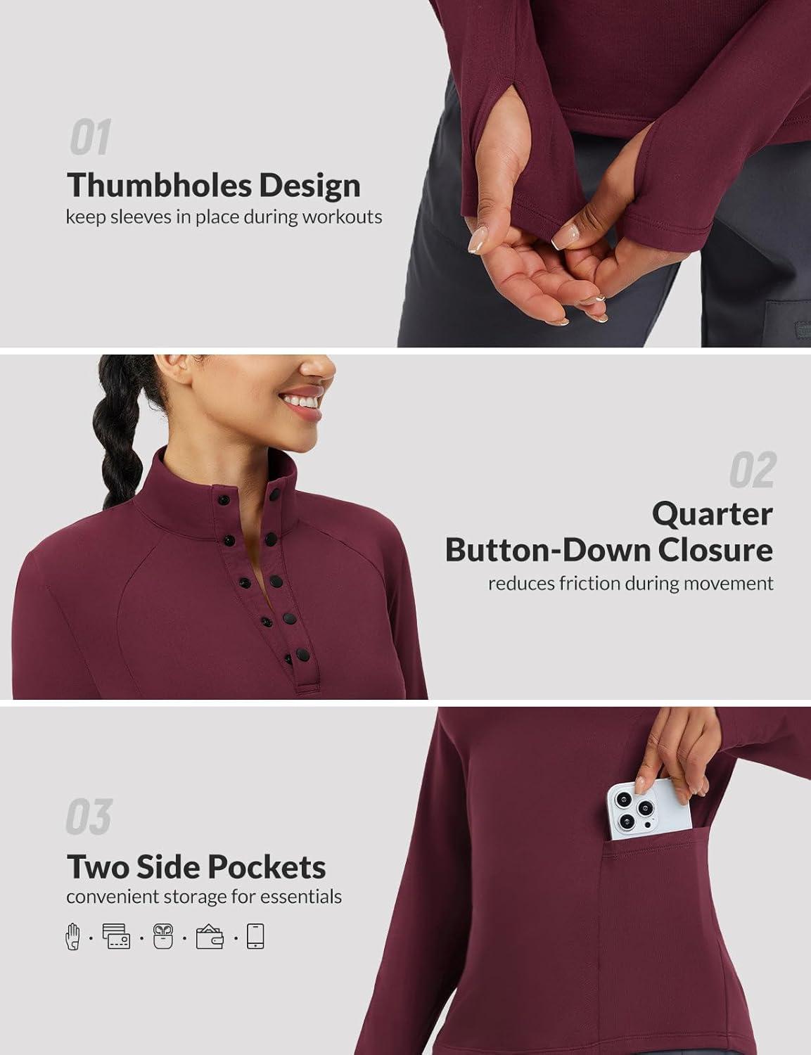imagebaleaf Womens Fleece Lined Quarter Button Thermal Pullovers Long Sleeve Workout Shirts with Pockets Yoga Travel TopsWine Red