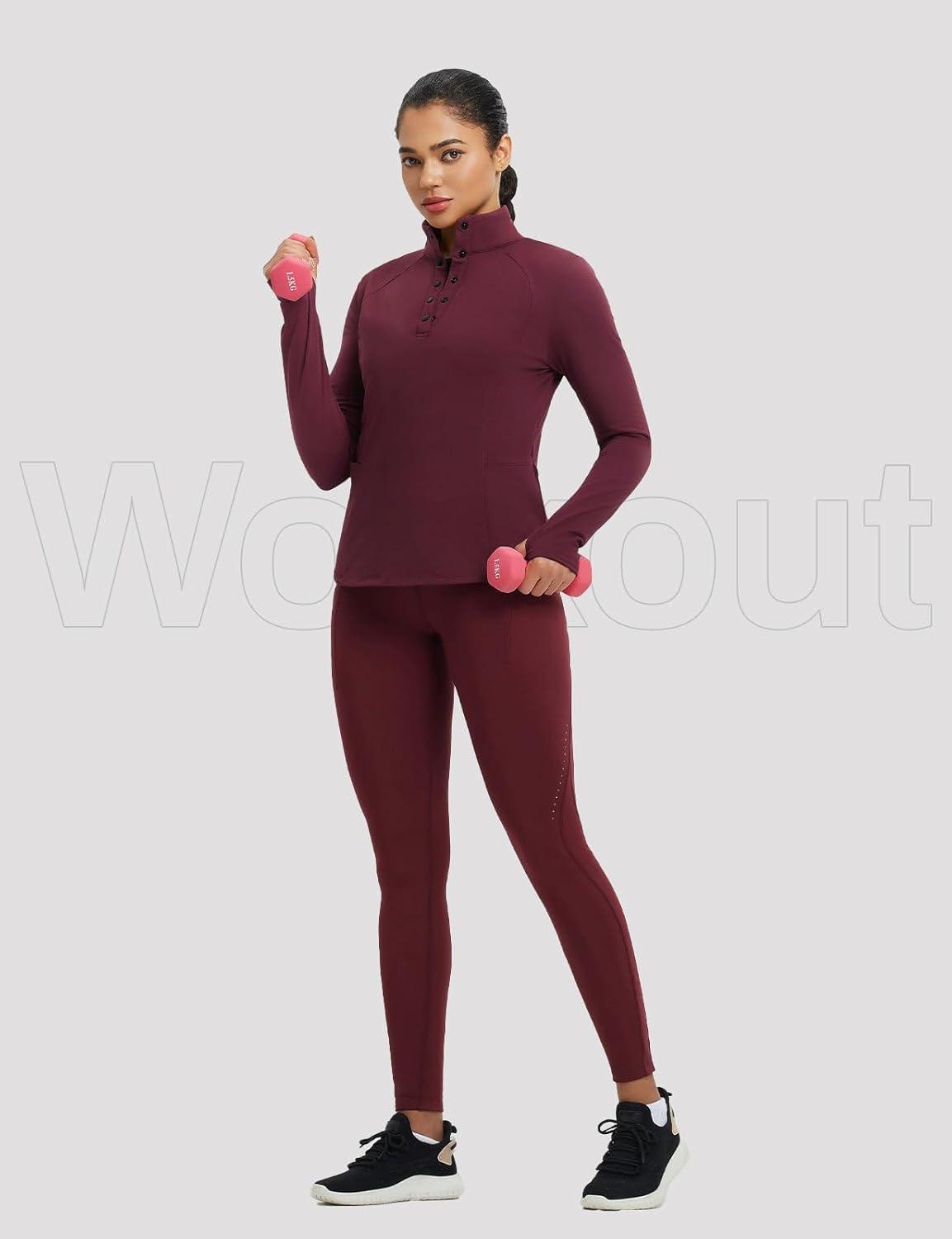 imagebaleaf Womens Fleece Lined Quarter Button Thermal Pullovers Long Sleeve Workout Shirts with Pockets Yoga Travel TopsWine Red
