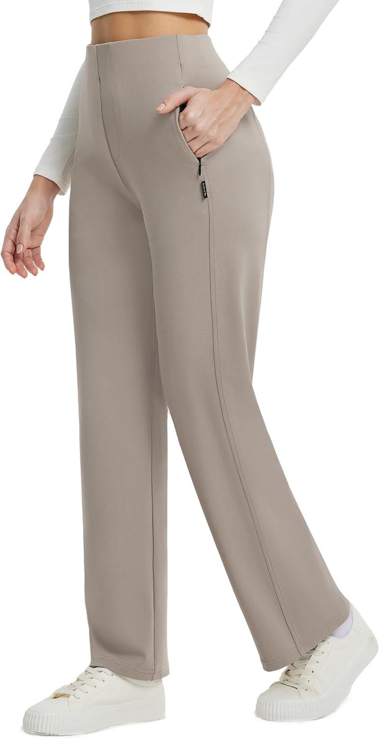 imagebaleaf Womens Wide Leg Travel Stretch Dress Pants Yoga High Waist with Pockets Casual Work SweatpantsKhaki