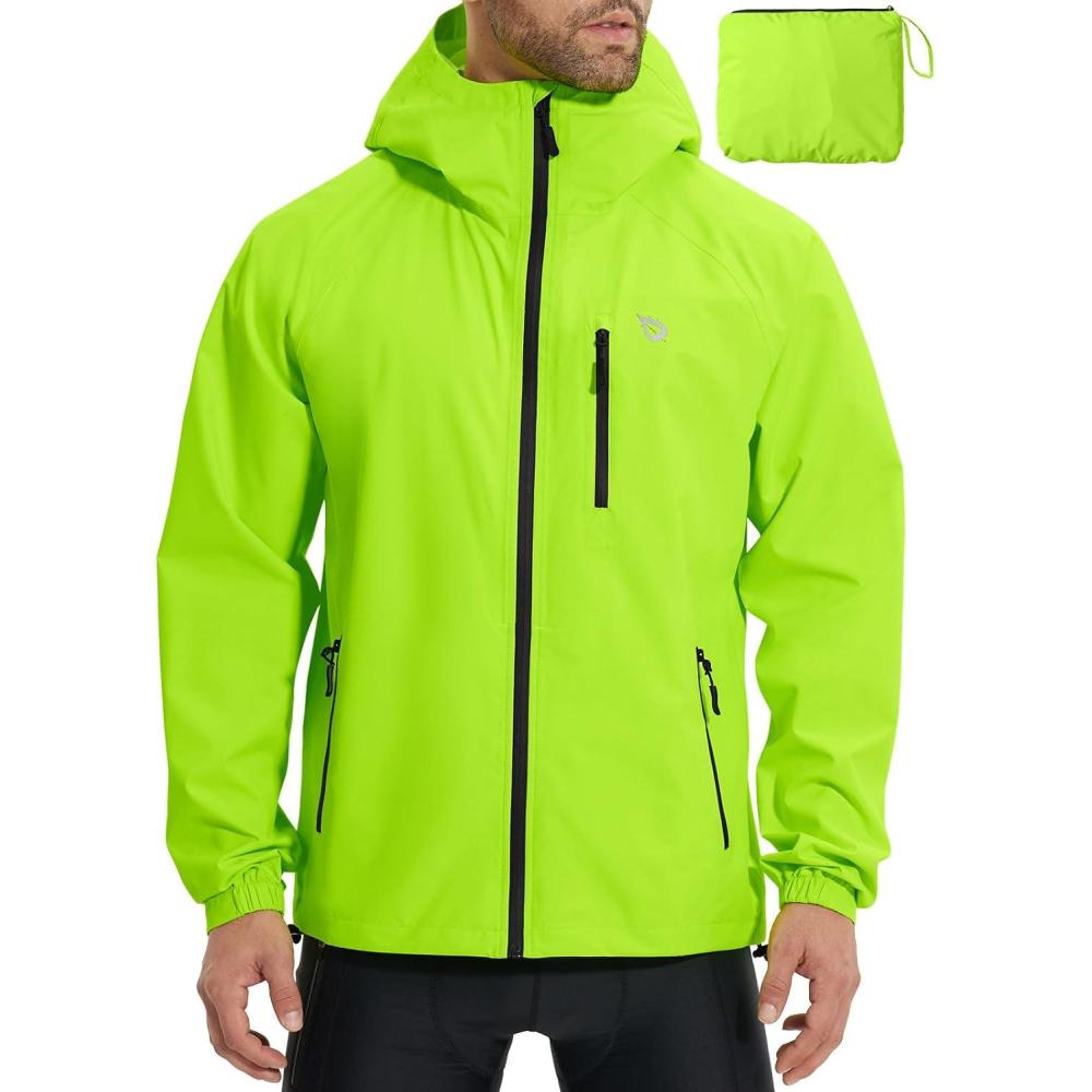 imagebaleaf Mens Rain Jacket Waterproof Windbreaker Raincoat Running Cycling Hiking Gear Hood Lightweight Reflective PackableFluorescent Green