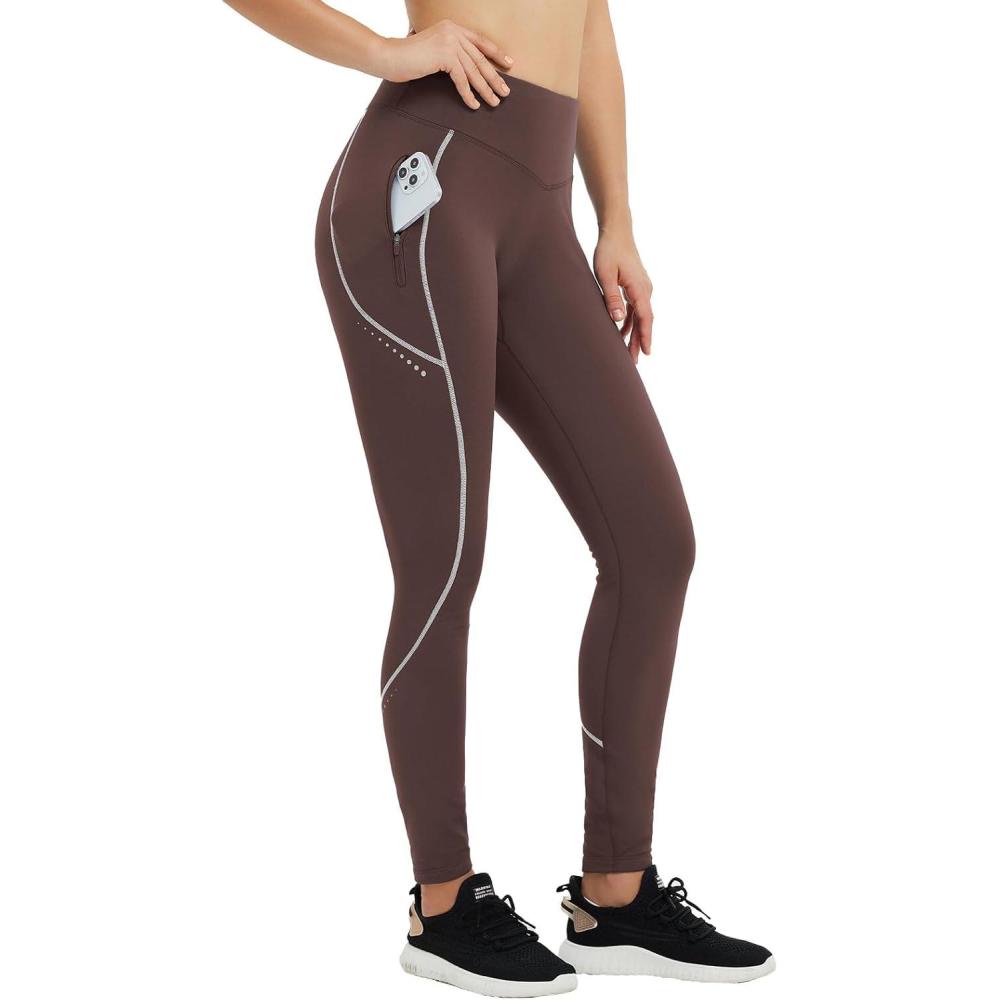 imagebaleaf Womens Cylcing Tights Fleece Lined Leggings Pockets Water Resistant Thermal Warm High Waisted Running PantsDark Brown