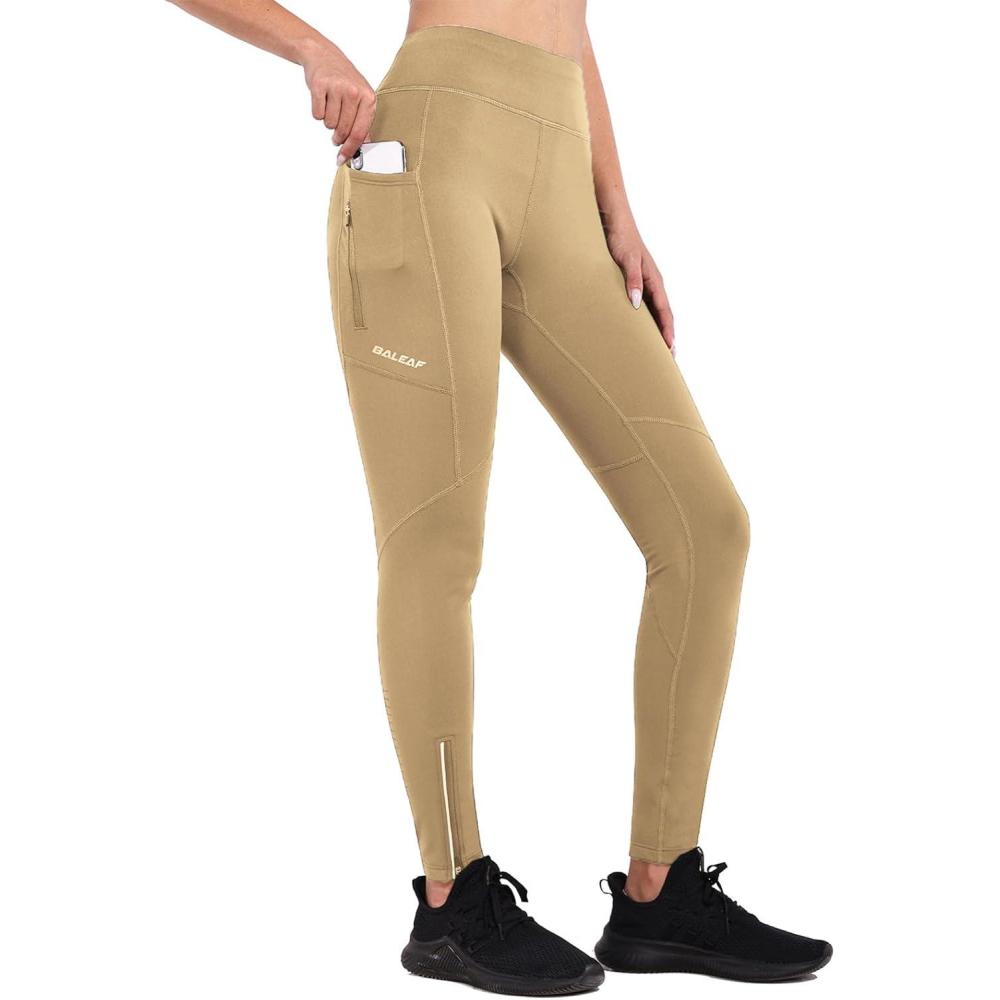 imagebaleaf Womens Fleece Lined Leggings Water Resistant Winter Clothes Running Tights Cold Weather Hiking Pants Zip PocketsAbrown
