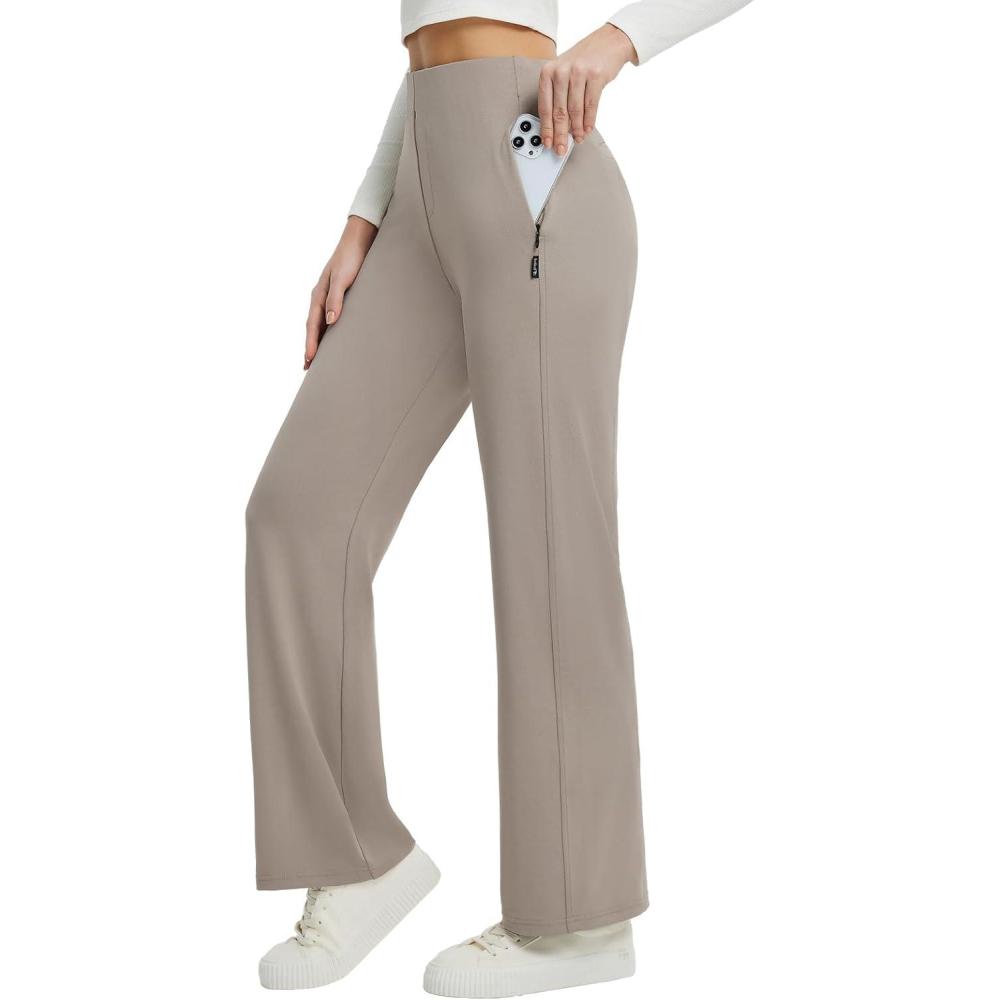 imagebaleaf Womens Wide Leg Travel Stretch Dress Pants Yoga High Waist with Pockets Casual Work SweatpantsKhaki