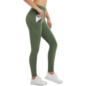 imagebaleaf Womens Cylcing Tights Fleece Lined Leggings Pockets Water Resistant Thermal Warm High Waisted Running PantsArmy Green