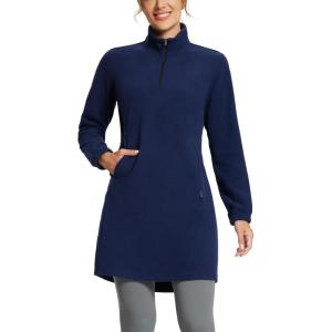 imagebaleaf Womens Fleece Dress Sweatshirt Long Tunic Quarter Zip Pullover Polar Winter Warm Thermal Dress with Pocket OutdoorNavy Blue