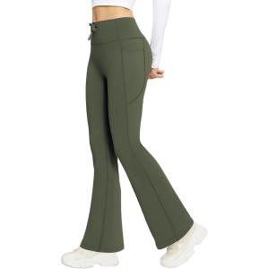 imagebaleaf Womens Fleece Lined Pants Winter Thermal Warm Hiking Yoga Pants with Zipper Pockets Bootcut High Waist Flare LeggingsArmy Green