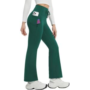 imagebaleaf Womens Fleece Lined Pants Winter Thermal Warm Hiking Yoga Pants with Zipper Pockets Bootcut High Waist Flare LeggingsDark Green