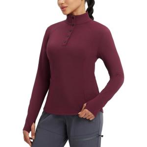 imagebaleaf Womens Fleece Lined Quarter Button Thermal Pullovers Long Sleeve Workout Shirts with Pockets Yoga Travel TopsWine Red
