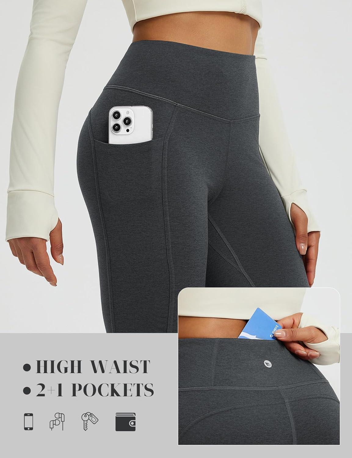 imagebaleaf Womens 25quot Petite Fleece Lined Leggings High Waisted Warm Thermal Winter with Pockets Snow PantsHeather Black