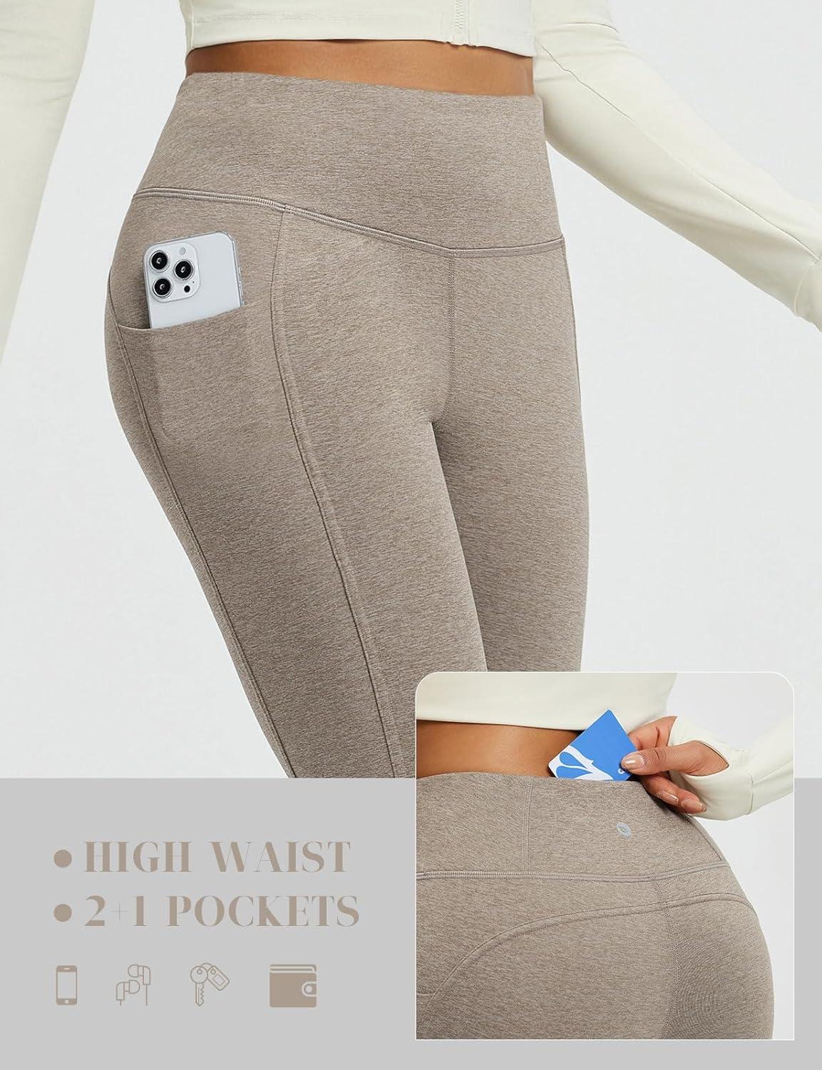 imagebaleaf Womens 25quot Petite Fleece Lined Leggings High Waisted Warm Thermal Winter with Pockets Snow PantsHeather Brown