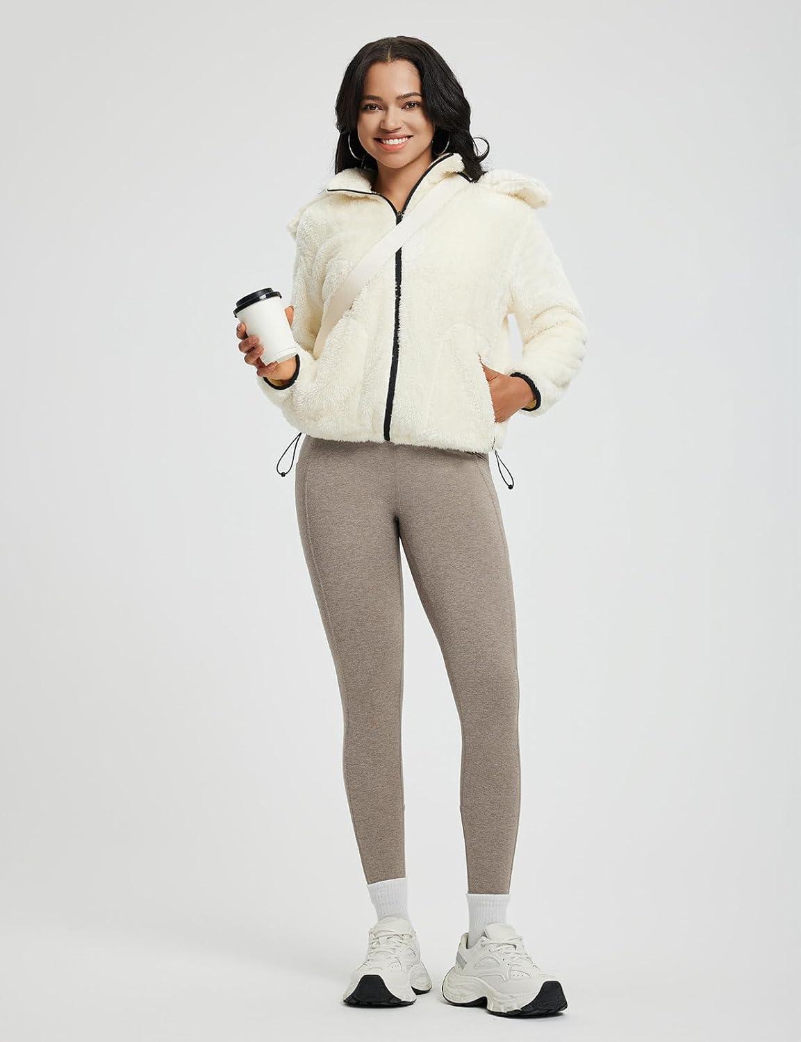 imagebaleaf Womens 25quot Petite Fleece Lined Leggings High Waisted Warm Thermal Winter with Pockets Snow PantsHeather Brown