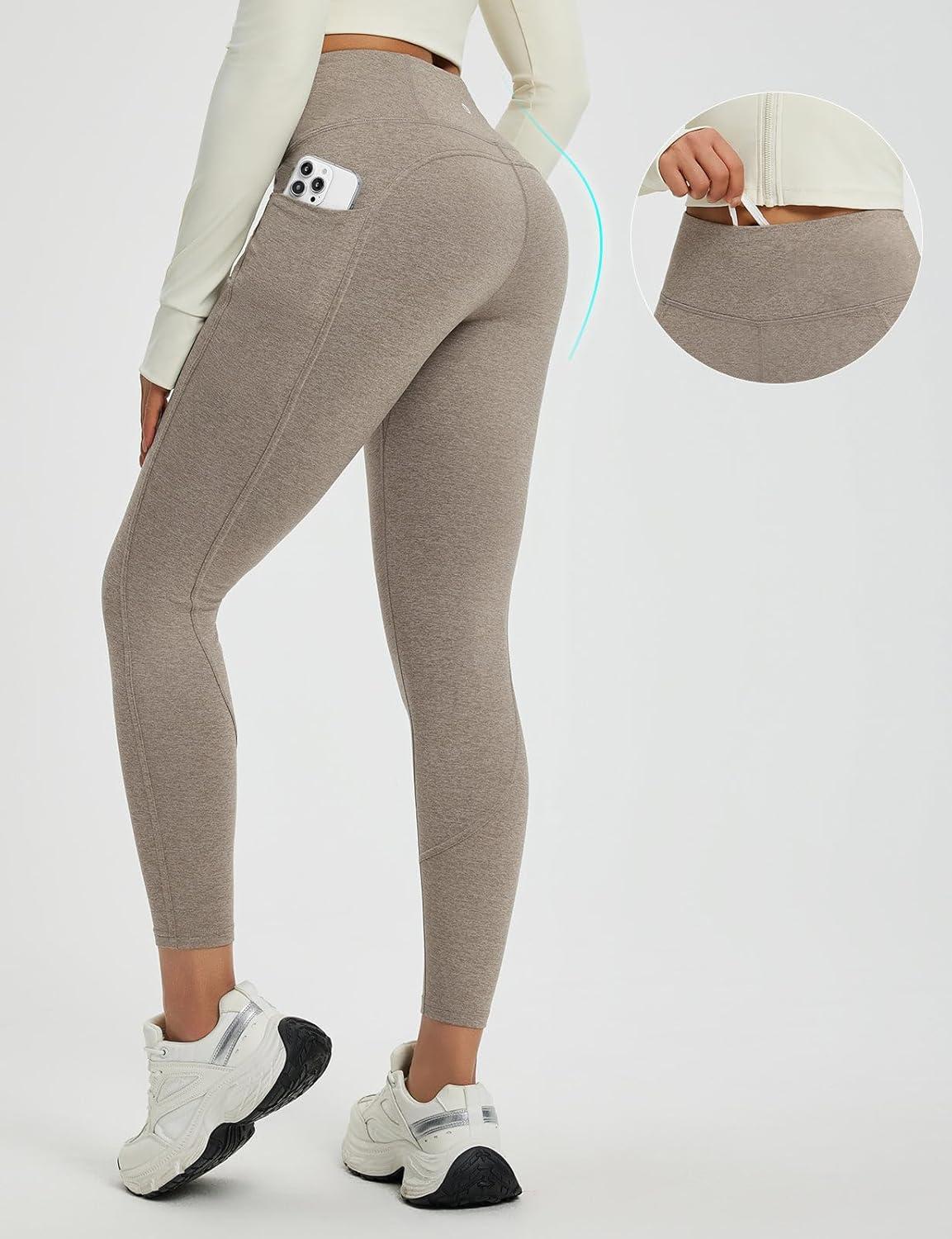 imagebaleaf Womens 25quot Petite Fleece Lined Leggings High Waisted Warm Thermal Winter with Pockets Snow PantsHeather Brown