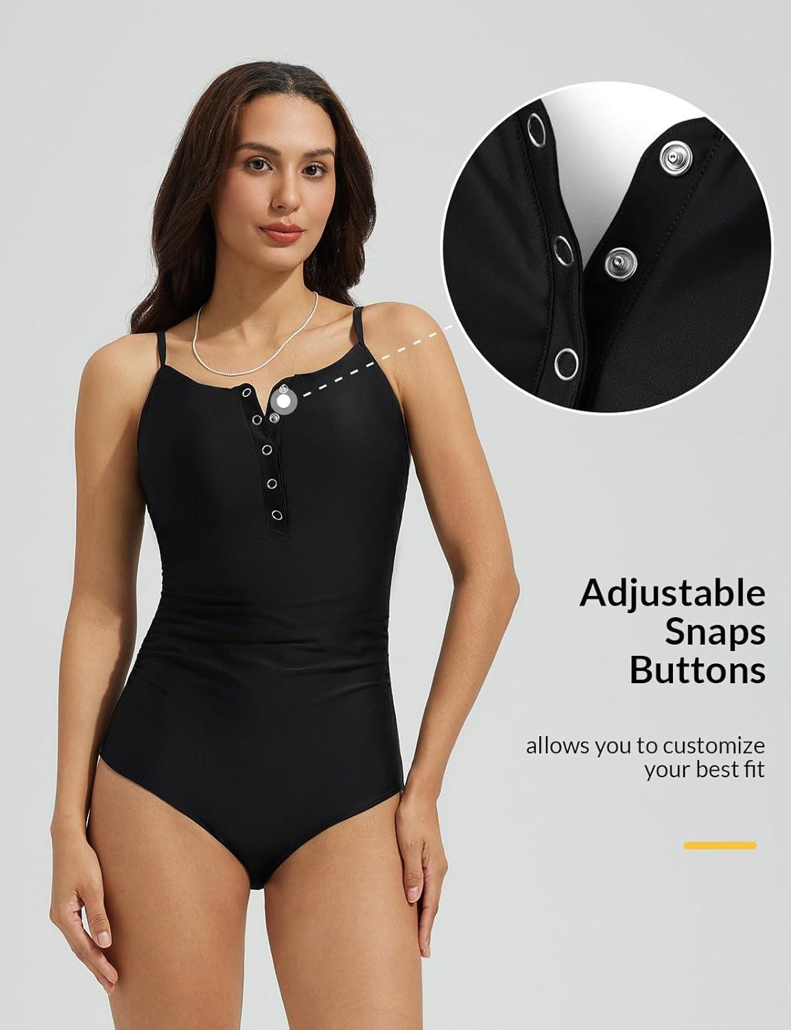 imagebaleaf Womens Button up One Piece Swimsuits Tummy Control Bathing Suits 2025 Modest Full Coverage Swimwear Adjustable StrapBlack