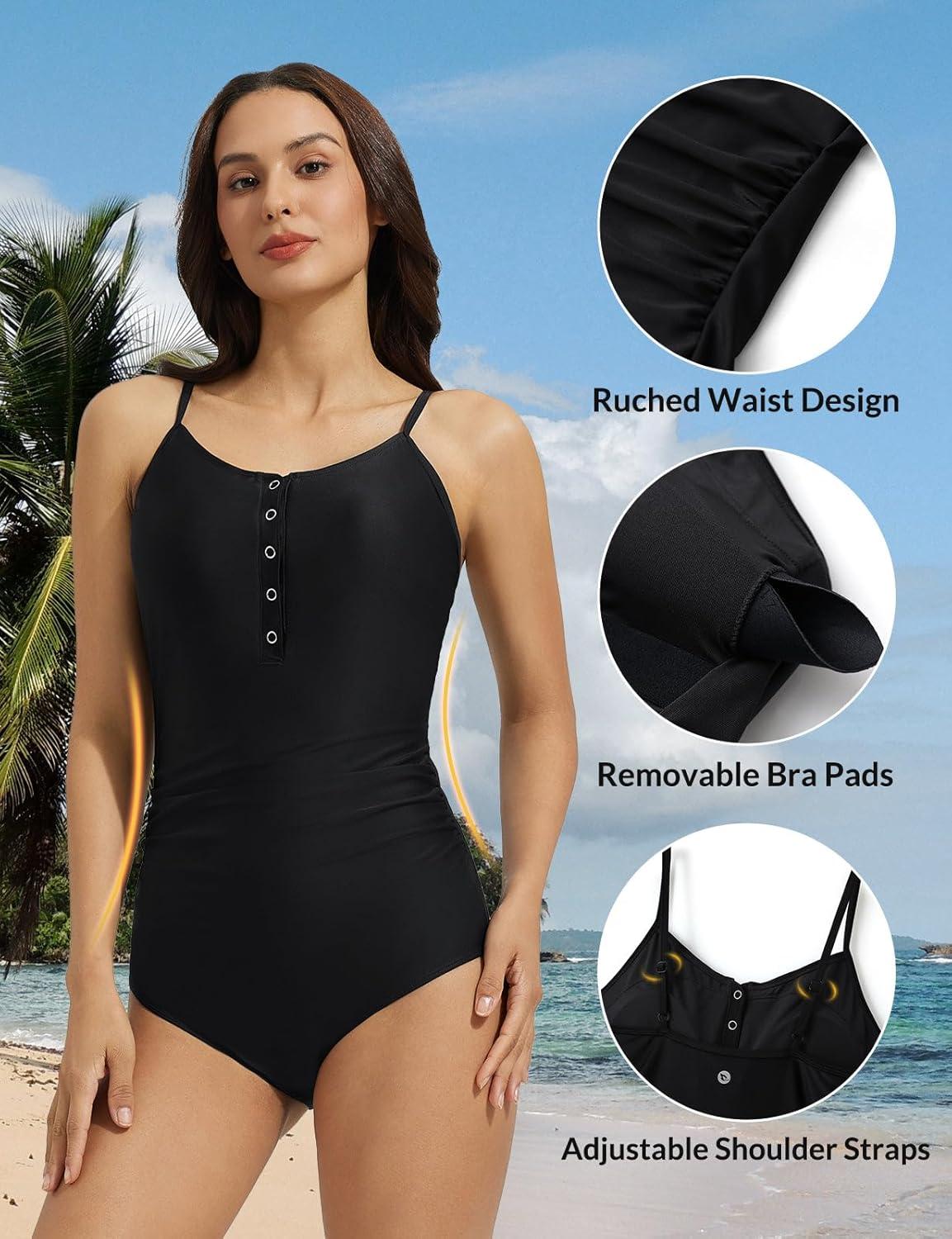 imagebaleaf Womens Button up One Piece Swimsuits Tummy Control Bathing Suits 2025 Modest Full Coverage Swimwear Adjustable StrapBlack