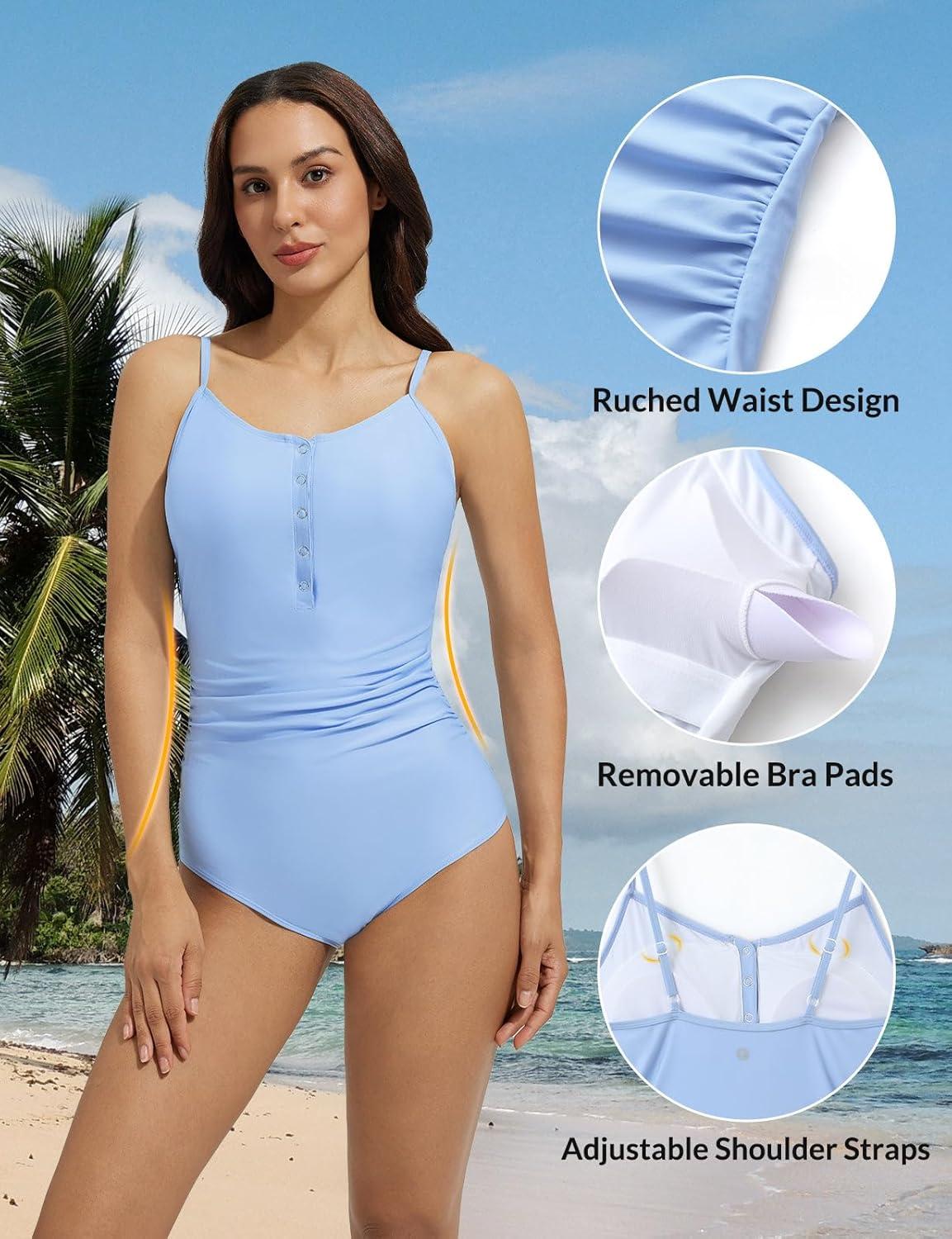 imagebaleaf Womens Button up One Piece Swimsuits Tummy Control Bathing Suits 2025 Modest Full Coverage Swimwear Adjustable StrapLight Blue