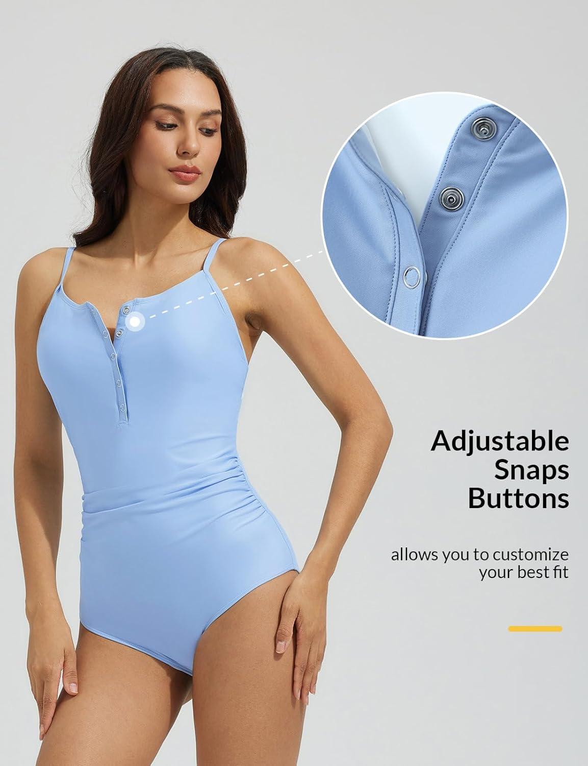 imagebaleaf Womens Button up One Piece Swimsuits Tummy Control Bathing Suits 2025 Modest Full Coverage Swimwear Adjustable StrapLight Blue