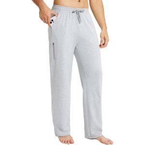 imagebaleaf Mens Sweatpants Yoga Lounge Cotton Pajama Pants Casual Open Bottom Straight Leg Stretchy Sweat Pants with PocketsBlight Grayzipper Pocket
