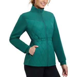 imagebaleaf Womens Golf Quilted Jackets Winter Lightweight Warm Stand Collar Water Resistant Puffer Jacket 4 PocketsGreen