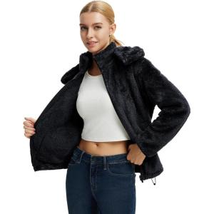 imagebaleaf Womens Sherpa Fuzzy Fleece Jakcets with Hood Button Down Drawstring Winter Casual Warm Coat with PocketsBlack