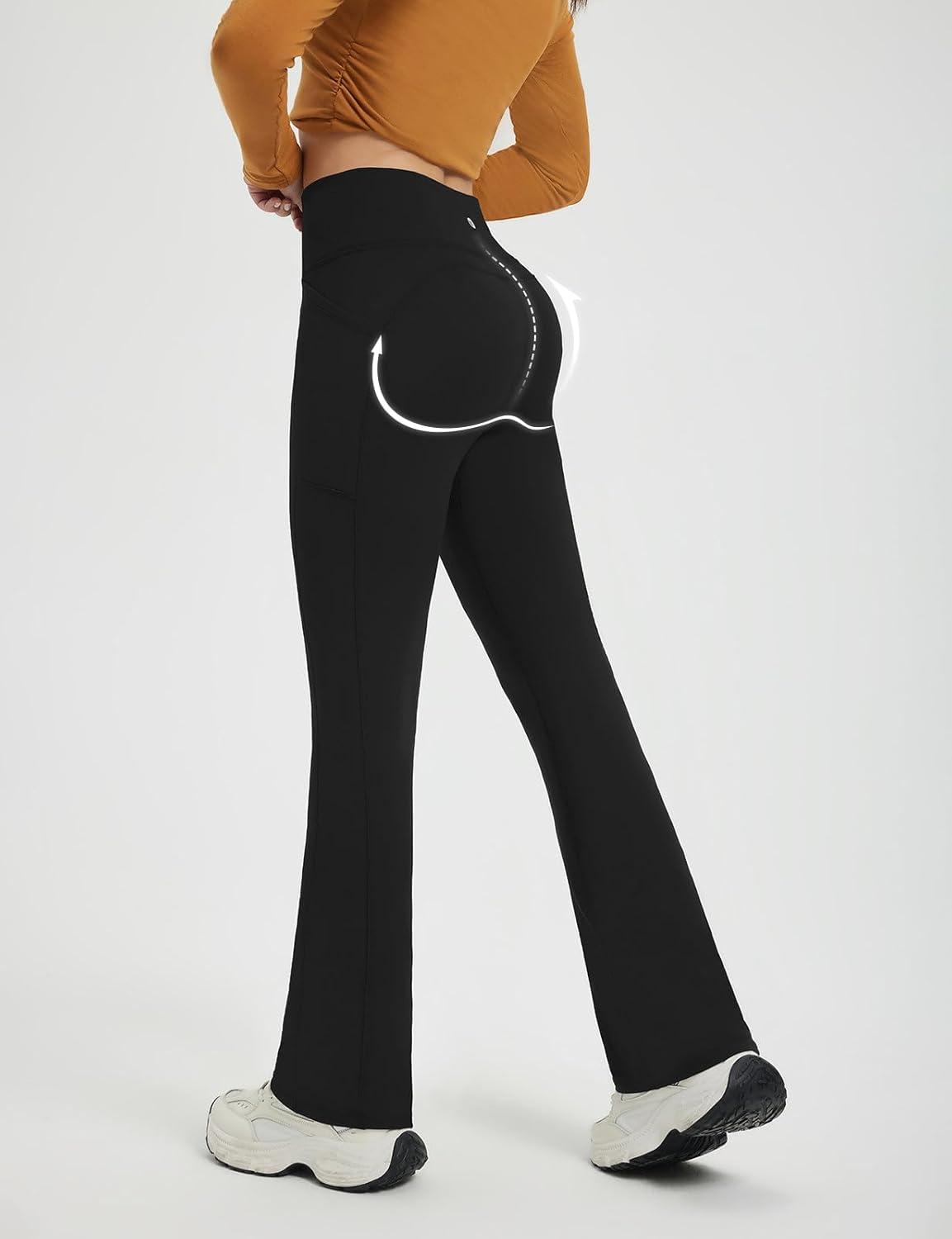 imagebaleaf Fleece Lined Leggings for Women Mini Flare Warm Yoga Pants Stretchy High Waisted with 4 Pockets Workout Casual PantsBlack