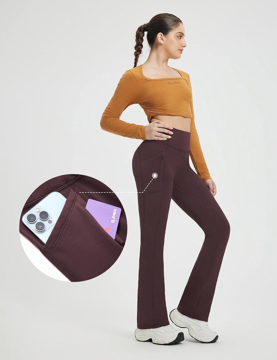 imagebaleaf Fleece Lined Leggings for Women Mini Flare Warm Yoga Pants Stretchy High Waisted with 4 Pockets Workout Casual PantsDark Brown