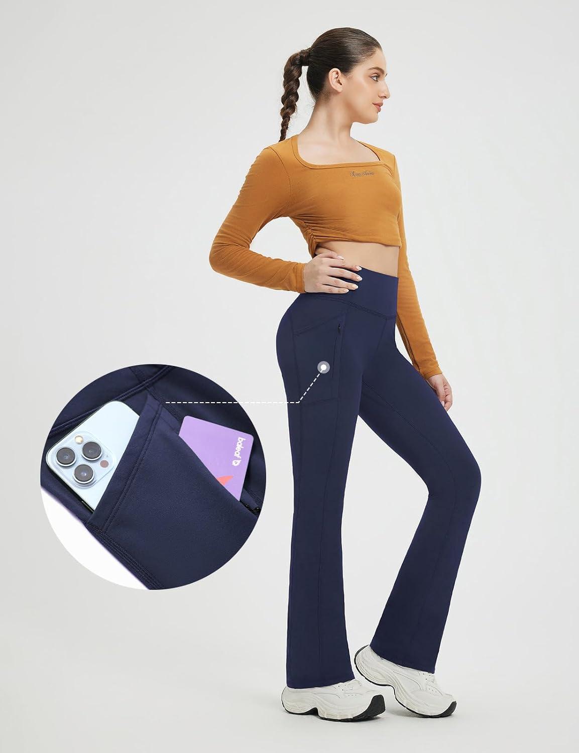 imagebaleaf Fleece Lined Leggings for Women Mini Flare Warm Yoga Pants Stretchy High Waisted with 4 Pockets Workout Casual PantsNavy Blue