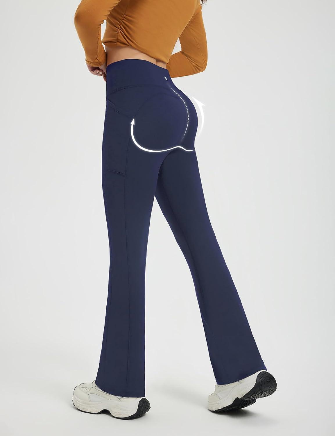 imagebaleaf Fleece Lined Leggings for Women Mini Flare Warm Yoga Pants Stretchy High Waisted with 4 Pockets Workout Casual PantsNavy Blue