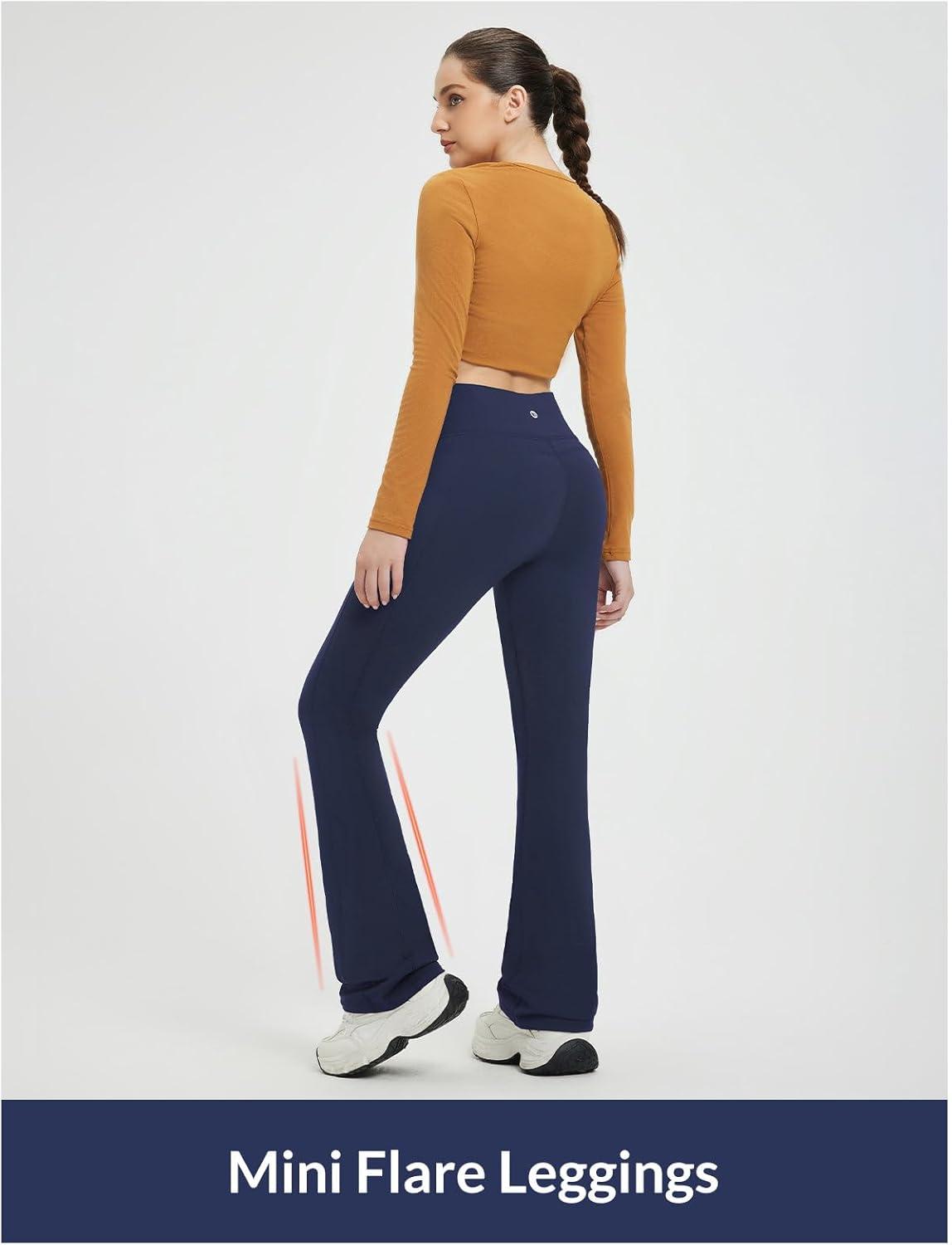 imagebaleaf Fleece Lined Leggings for Women Mini Flare Warm Yoga Pants Stretchy High Waisted with 4 Pockets Workout Casual PantsNavy Blue