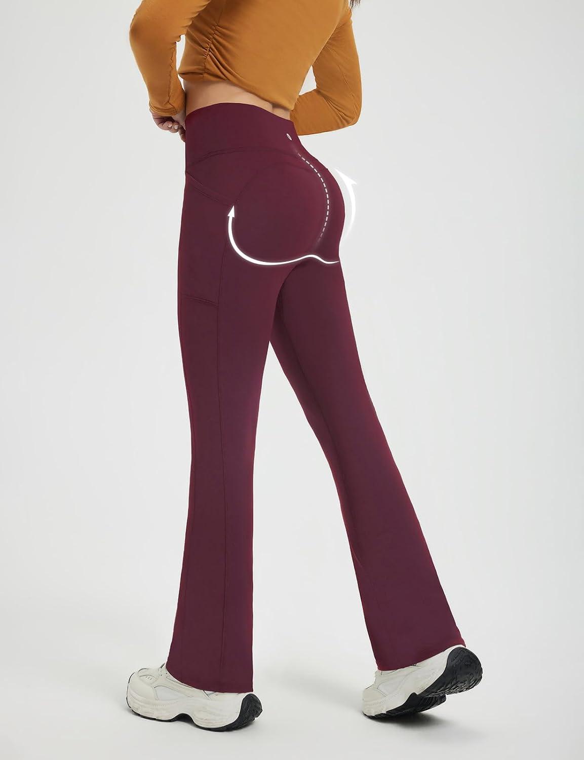 imagebaleaf Fleece Lined Leggings for Women Mini Flare Warm Yoga Pants Stretchy High Waisted with 4 Pockets Workout Casual PantsWine Red