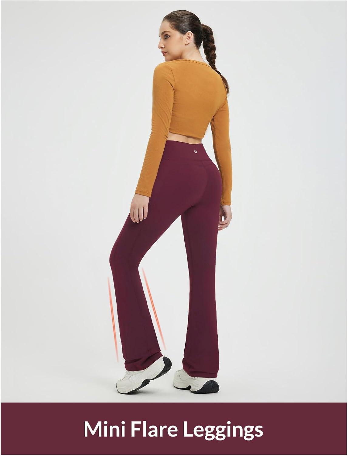 imagebaleaf Fleece Lined Leggings for Women Mini Flare Warm Yoga Pants Stretchy High Waisted with 4 Pockets Workout Casual PantsWine Red