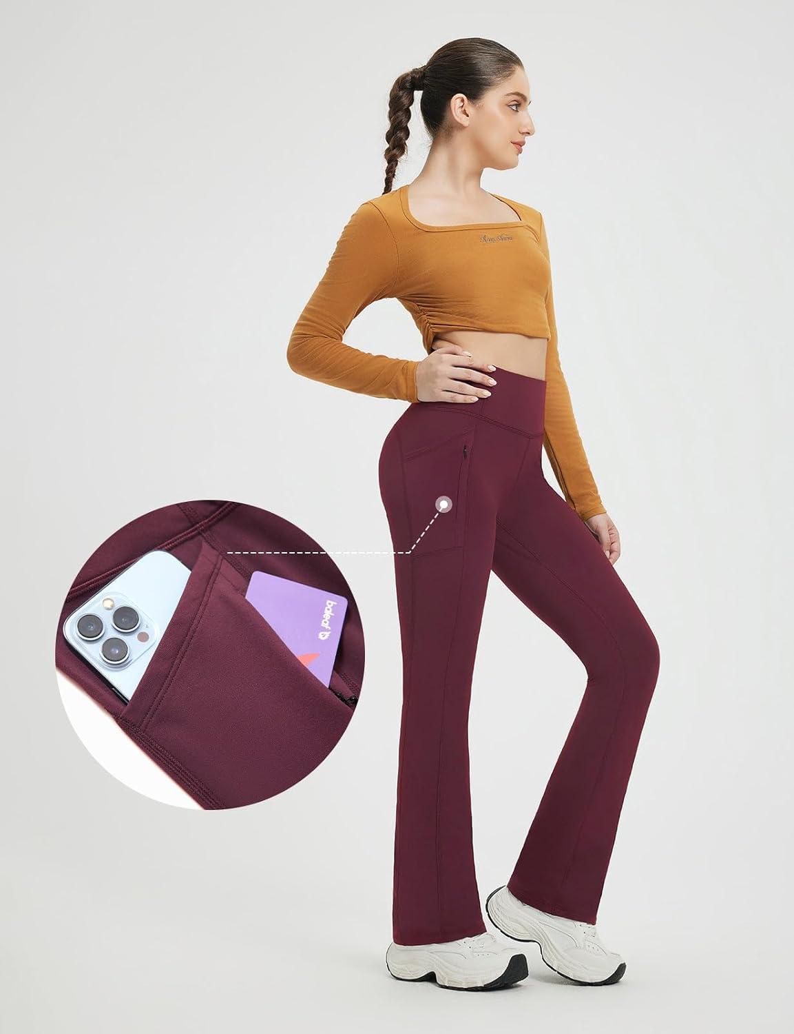 imagebaleaf Fleece Lined Leggings for Women Mini Flare Warm Yoga Pants Stretchy High Waisted with 4 Pockets Workout Casual PantsWine Red