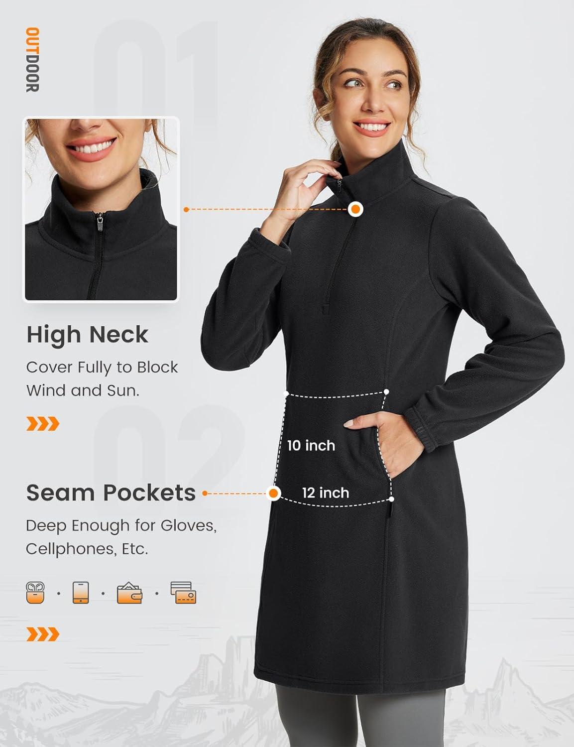 imagebaleaf Womens Fleece Dress Sweatshirt Long Tunic Quarter Zip Pullover Polar Winter Warm Thermal Travel Dress with PocketBlack