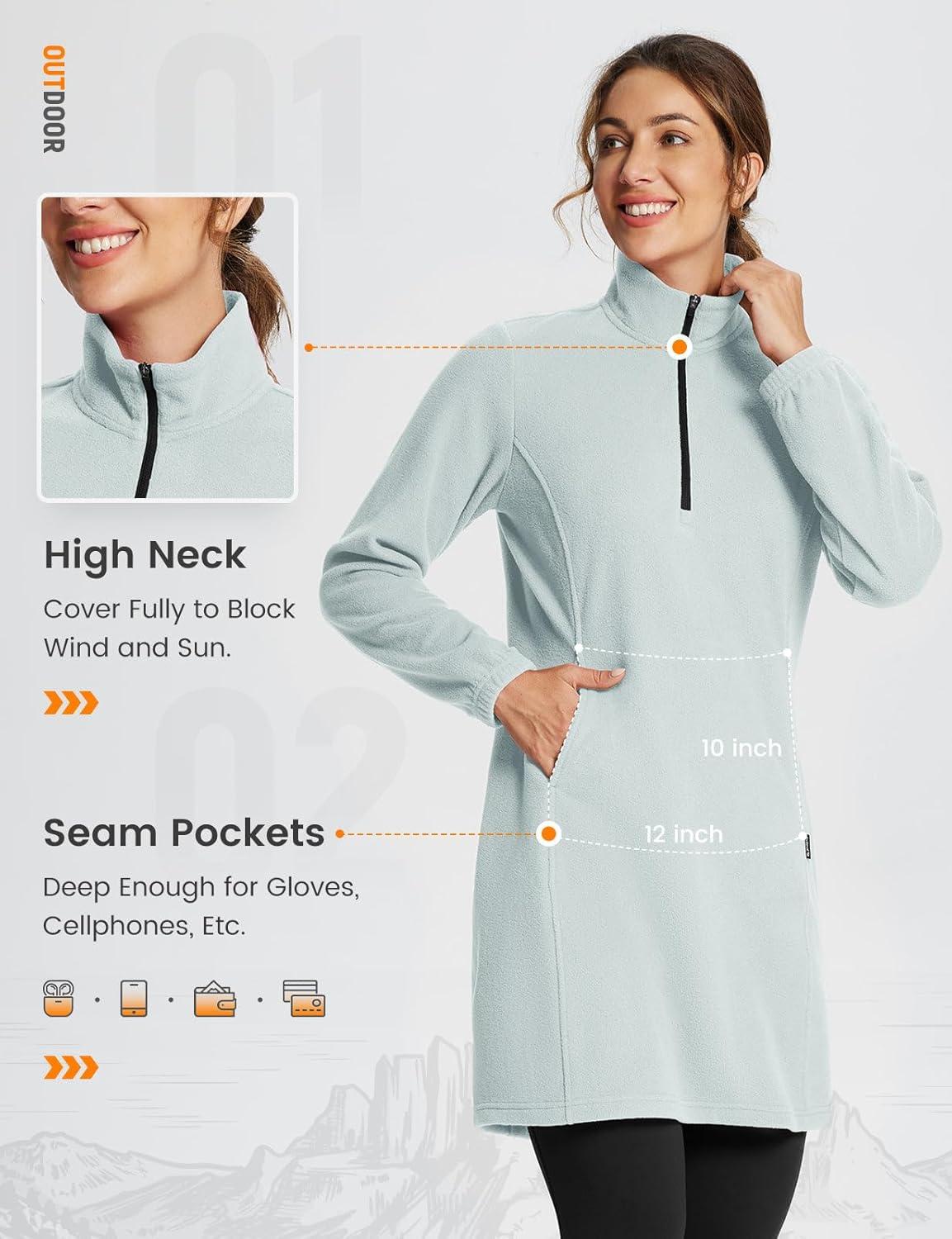 imagebaleaf Womens Fleece Dress Sweatshirt Long Tunic Quarter Zip Pullover Polar Winter Warm Thermal Travel Dress with PocketLight Grey