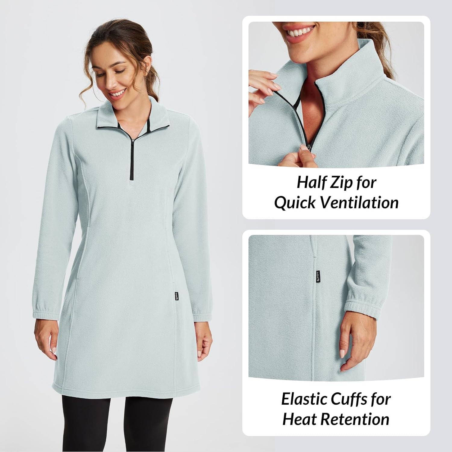 imagebaleaf Womens Fleece Dress Sweatshirt Long Tunic Quarter Zip Pullover Polar Winter Warm Thermal Travel Dress with PocketLight Grey
