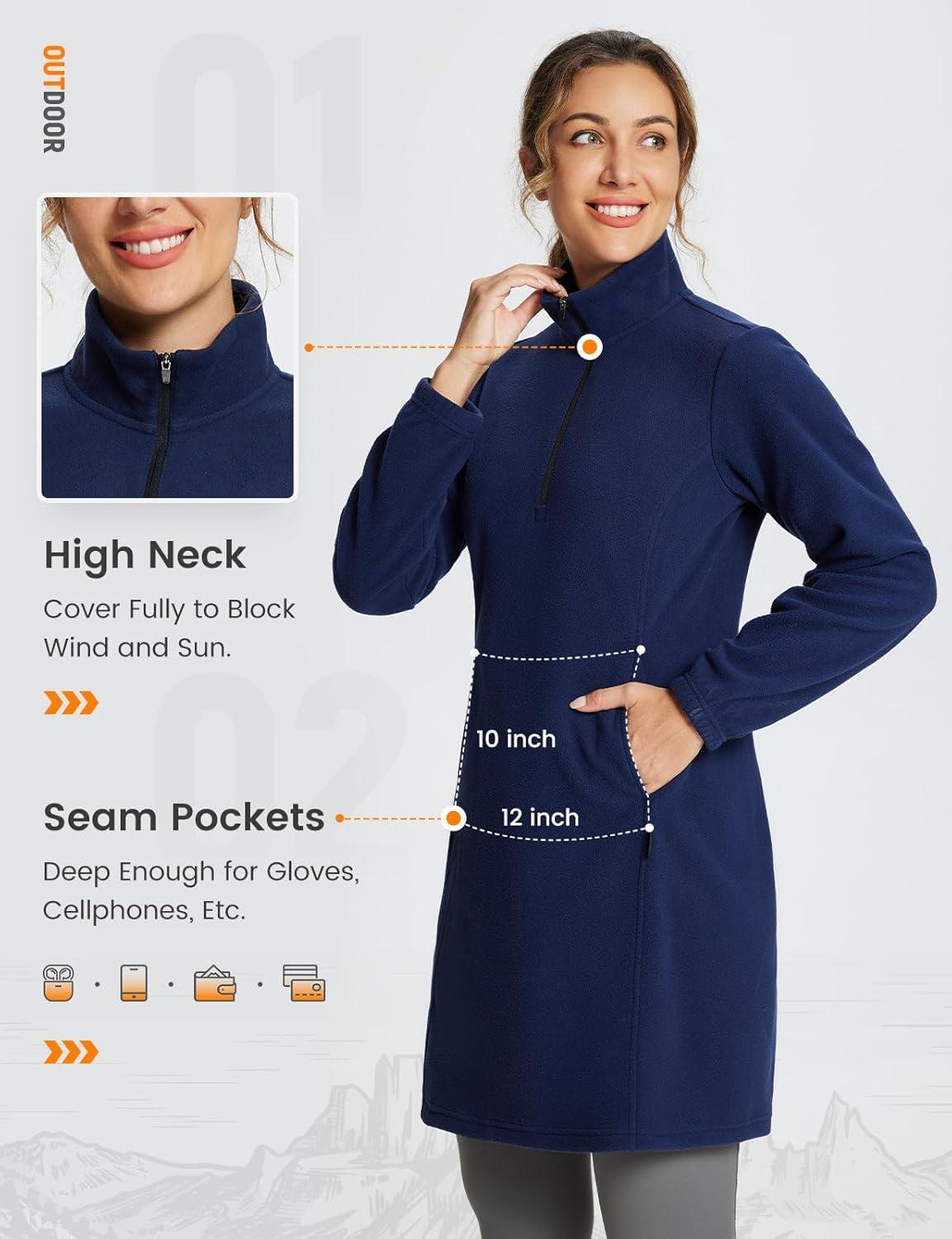 imagebaleaf Womens Fleece Dress Sweatshirt Long Tunic Quarter Zip Pullover Polar Winter Warm Thermal Travel Dress with PocketNavy Blue