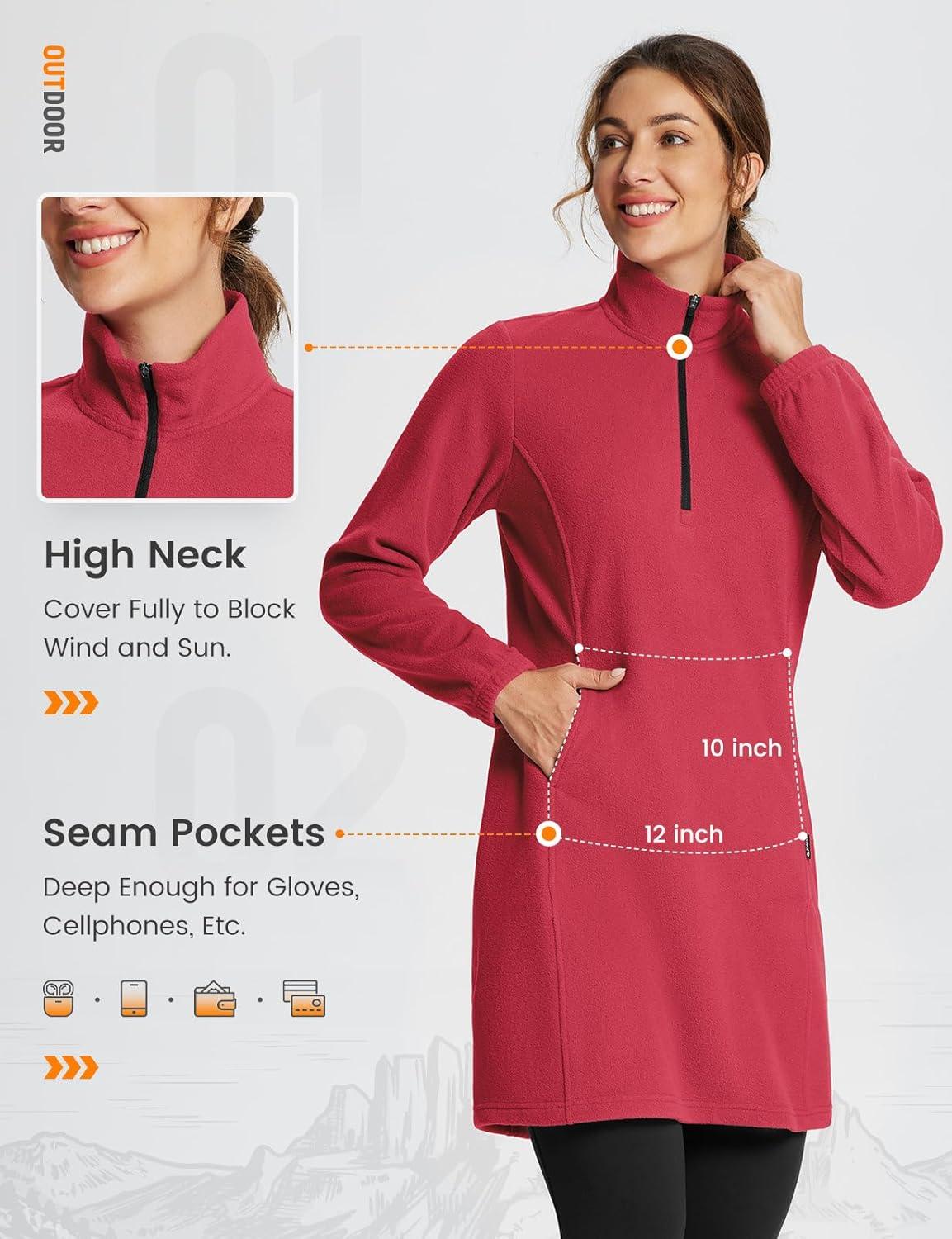 imagebaleaf Womens Fleece Dress Sweatshirt Long Tunic Quarter Zip Pullover Polar Winter Warm Thermal Travel Dress with PocketRed