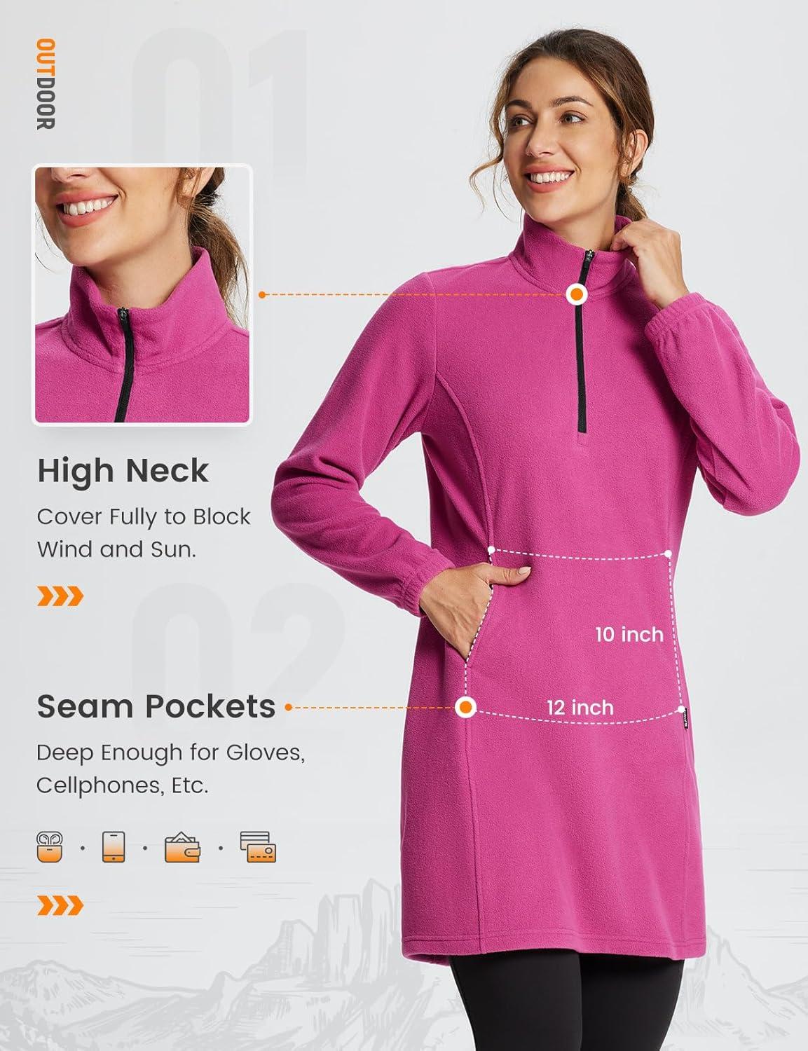 imagebaleaf Womens Fleece Dress Sweatshirt Long Tunic Quarter Zip Pullover Polar Winter Warm Thermal Travel Dress with PocketViolet Rose