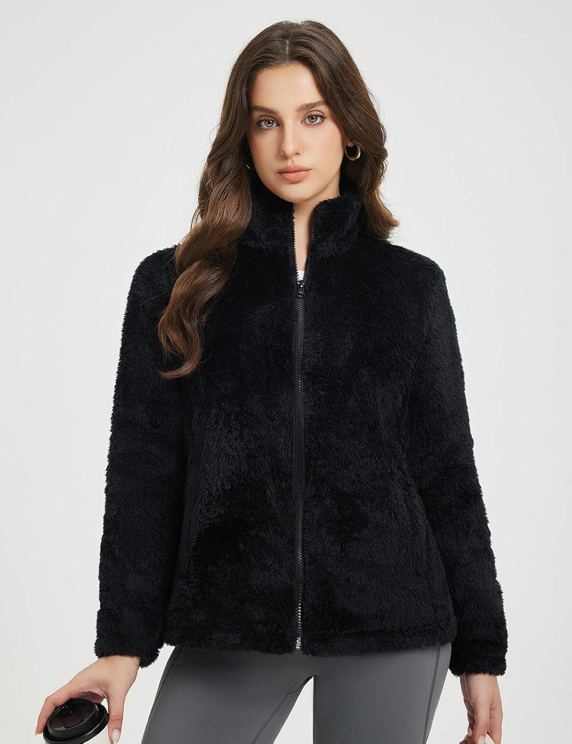 imagebaleaf Womens Fleece Full Zip Up Jacket Fuzzy Lightweight Warm Middle Layer Ski Jacket Winter CoatBlack